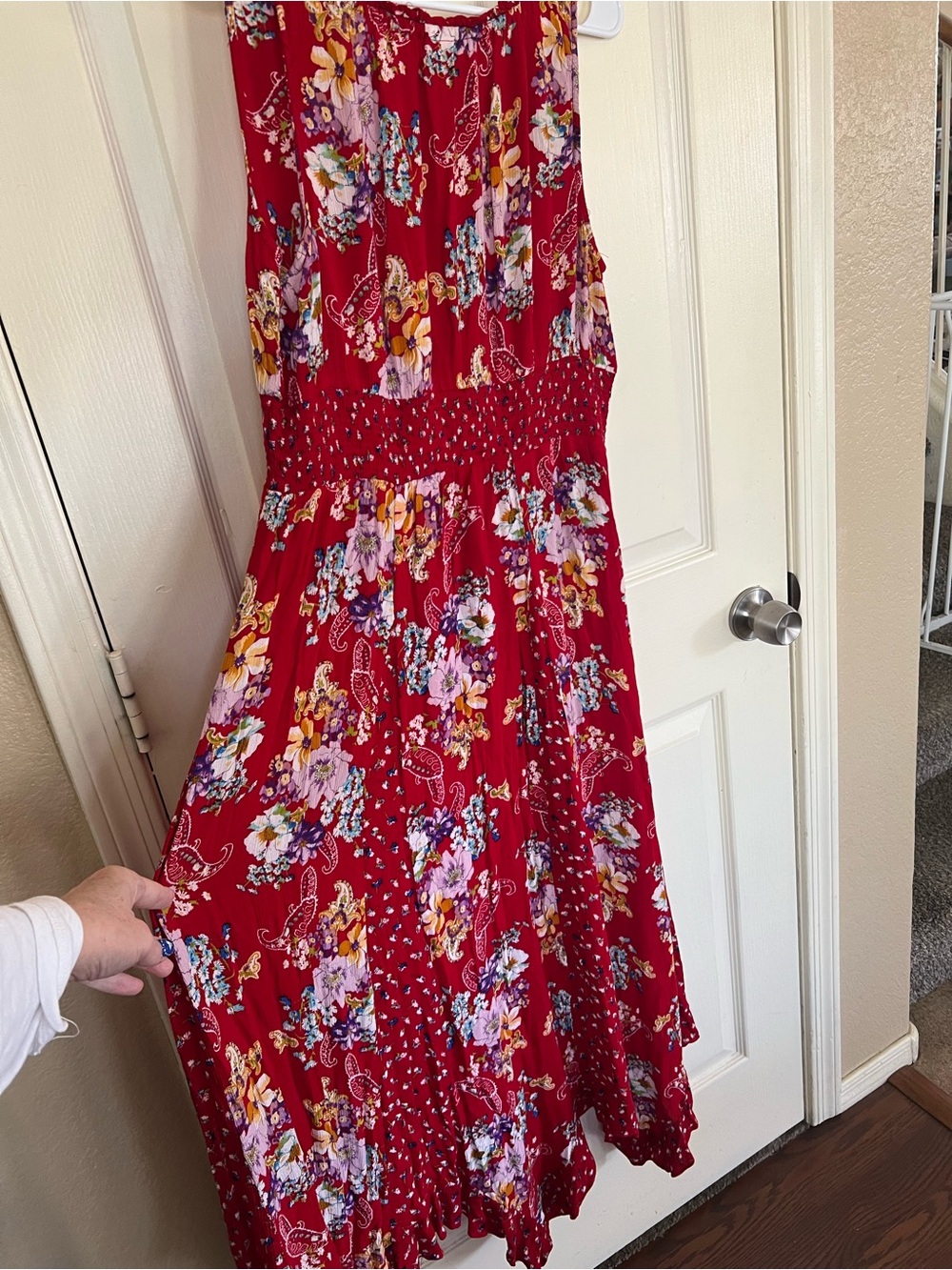 Bila Red Floral Paisley Smocked Waist Boho Maxi Dress L - Picture 13 of 14